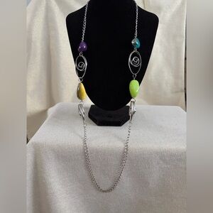 Colorful Bead Statement Necklace - Purple, Teal, Yellow, Lime - Unbranded